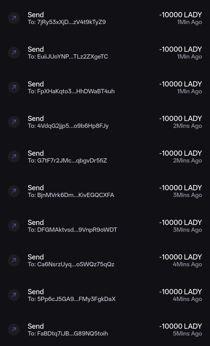 A screenshot of a crypto transaction history showing 11 recent "Send" transactions, each for -10000 LADY tokens sent to various recipients within the last 1-5 minutes, illustrating the airdrop activity mentioned in the post about distributing $LADY tokens.