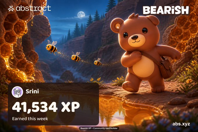 An 'abstract BEARiSH' promotional card featuring a 3D cartoon bear with bees, displaying 'Srini 41,534 XP Earned this week' and labeled 'Bearish XP • Community card Builder' with 'abs.xyz' in the corner.