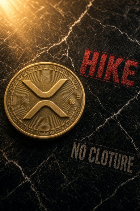 A gold XRP coin rests on a dark marble surface next to the stamped red text "HIKE" and faded text "NO CLOTURE," visually reinforcing the post's note that XRP was the asset "actually got punched" after the Senate vote, with no formal closure reached.