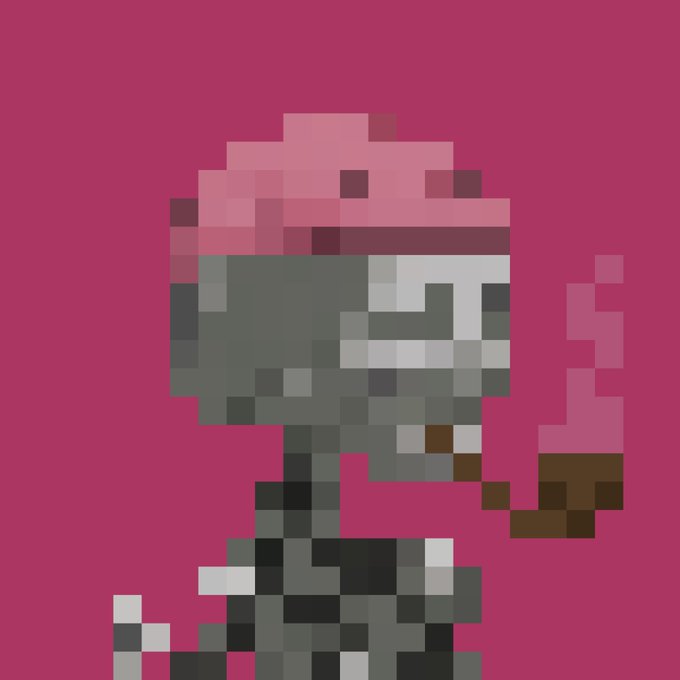 Pixel art on a pink background depicts a gray character wearing a pink hat, holding a pink pipe.