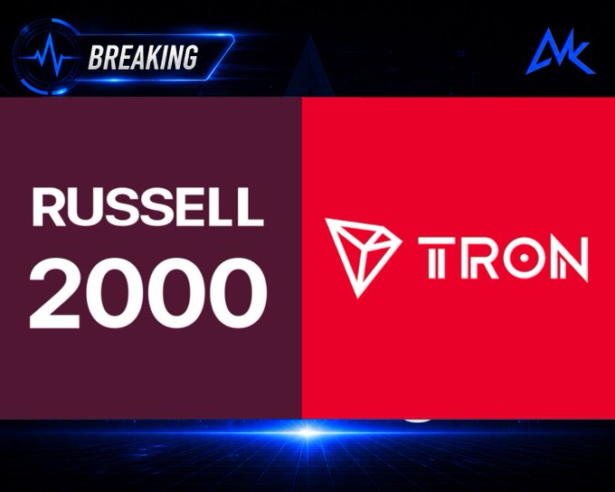 The image displays a breaking news graphic featuring "RUSSELL 2000" in white text on a dark purple background alongside the red TRON logo, visually announcing Tron Inc.'s addition to the Russell 2000 index (as mentioned, along with the 2500 and 3000 indexes), with a "BREAKING" banner at the top and an "MK" logo in the upper right corner.