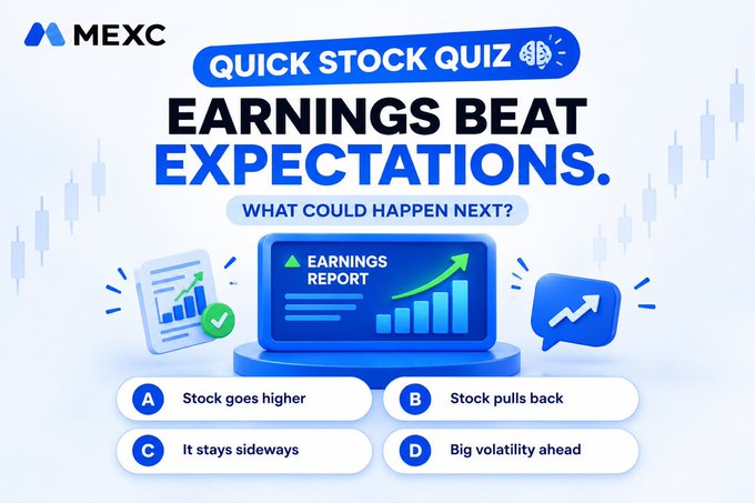 MEXC 'Quick Stock Quiz' graphic asking 'EARNINGS BEAT EXPECTATIONS. WHAT COULD HAPPEN NEXT?' with four multiple-choice options about stock movement.