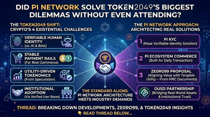 The image is a promotional graphic titled "DID PI NETWORK SOLVE TOKEN2049'S BIGGEST DILEMMAS WITHOUT EVEN ATTENDING?" which visually contrasts TOKEN2049's four key challenges (Verifiable Human Identity, Stable Payment Rails, Utility-Driven Tokenomics, Institutional Adoption) on the left with Pi Network's corresponding solutions (Pi KYC, Pi Ecosystem Commerce, ZEOR099 Proposal, OUSD Partnership) on the right, illustrating the accompanying post's thesis that Pi Network's architecture already addresses the existential Web3 issues highlighted at the TOKEN2049 Singapore 2026 conference.