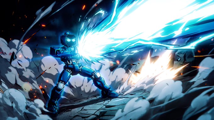 An animated blue robot or armored figure unleashing a powerful burst of bright blue lightning energy from its hands amid clouds of dust and sparks in a battle scene.