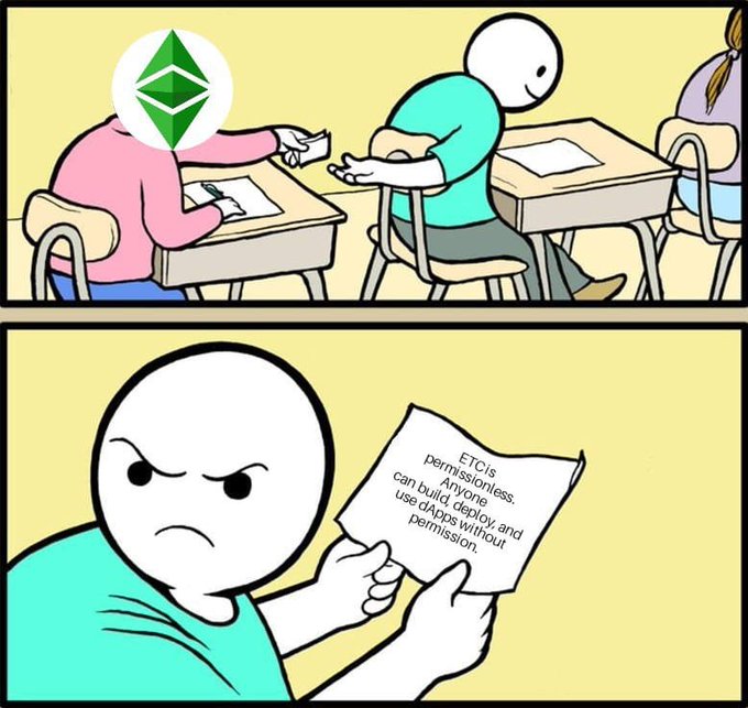 A meme depicting a classroom scene where a figure with an Ethereum logo passes a note to a classmate, who angrily reads it stating "ETCs permissionless. Anyone can deploy and use dApps without permission." The post contrasts Ethereum's permissioned approach with ETC's permissionless ethos, emphasizing that ETC has long answered the question of who can build dApps—no permission needed, unlike passing notes for approval.