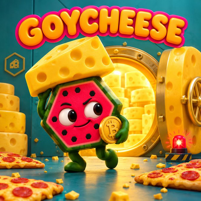 A colorful 3D illustration titled 'GOYCHEESE' showing a watermelon-like character with a cheese block hat holding a Bitcoin coin in a cheese vault.