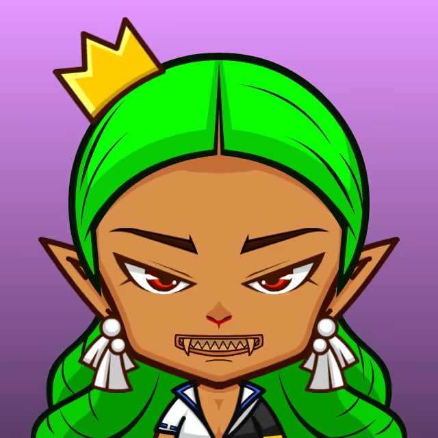 A fierce chibi-style cartoon queen with vibrant green hair, pointed ears, and a golden crown bares her sharp fangs in an intimidating expression, embodying the regal defiance of the caption's declaration "I'm not a princess. I'm a queen." The image's bold, edgy aesthetic complements the confident NFT listing for "GFT" on OpenSea.