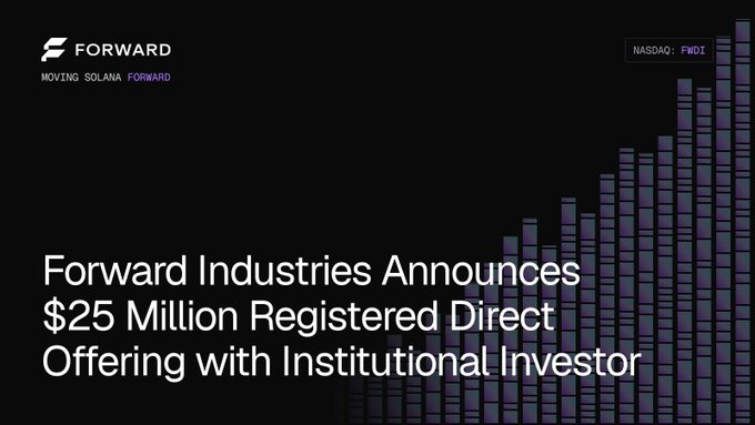 A graphic from Forward Industries (NASDAQ: FWDI) announcing a $25 million registered direct offering with an institutional investor, featuring an audio equalizer design.