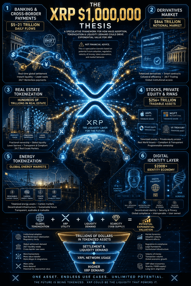 The image features a large blue poster with a detailed explanation of XRP, its purpose, and its potential impact on the market. It includes various elements such as logos, icons, and illustrations that help convey the information effectively. The poster also contains text that provides context about the current state of the cryptocurrency market and suggests some ideas for further research or exploration into the topic.