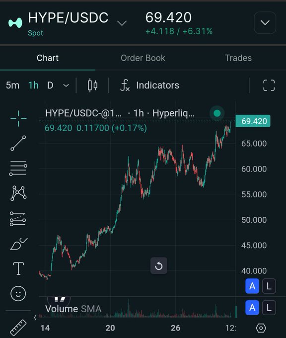 The image displays an up-to-date chart of the cryptocurrency Hyper Liquid's price action over time. The chart shows a significant rise in the value of Hyper Liquid, reaching $69, with the price exceeding its 52-week high of $61. Meanwhile, BNB's price dropped sharply to almost -$0.82 as it was hit by a sharp drop in value and is now at -$6.47. The chart also indicates that the Bitcoin (BTC) has lost over 25% in value against the US dollar during this period. The post on Twitter, which includes text such as "JUST IN: HYPERLIQUID’S HYPERLIGH... $69," reflects a moment of excitement and achievement for Hyper Liquid's success in the cryptocurrency market.