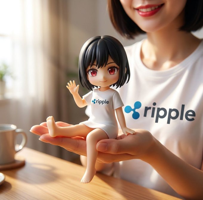 A doll-like figure with black hair wearing a white 'ripple' t-shirt being held in a person's hand, with the same person also wearing a white Ripple-branded shirt.