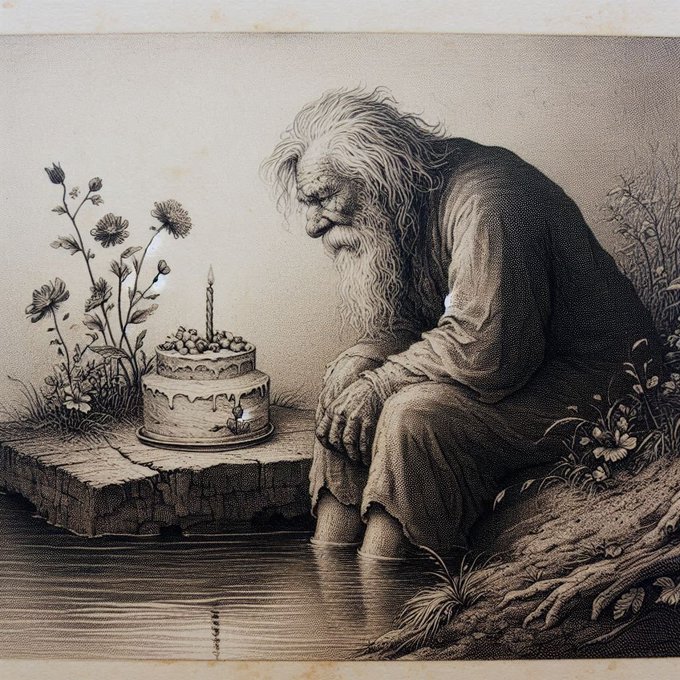 A vintage-style black and white etching depicting an elderly, bearded man sitting beside a body of water, gazing at a small birthday cake topped with a single lit candle on a stone ledge.