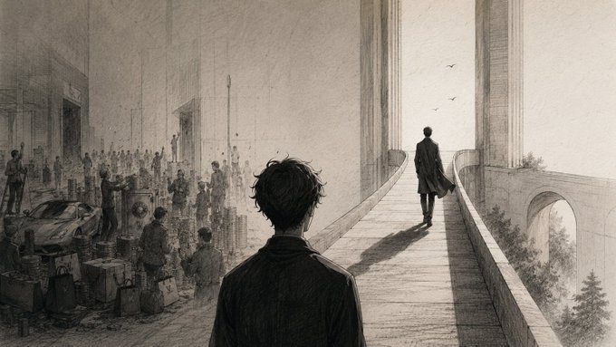 A pencil-style illustration shows a young boy watching another figure walk confidently away down a grand, sunlit walkway, while a crowd with luggage and a car gathers in the shadowed foreground. The image visually echoes the post's theme by contrasting one person stepping forward into opportunity (reputation opening doors) against a larger group still waiting with their goods (relying on transactions rather than trust).