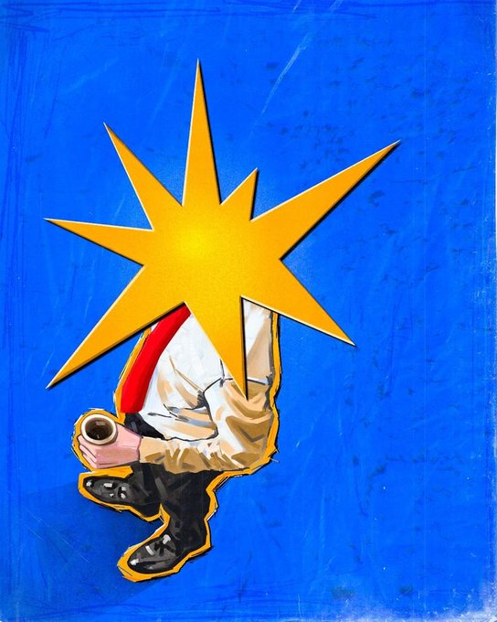 A stylized digital illustration shows a figure in a white shirt and red tie holding a coffee cup, with a large yellow starburst obscuring their head, set against a textured blue background.