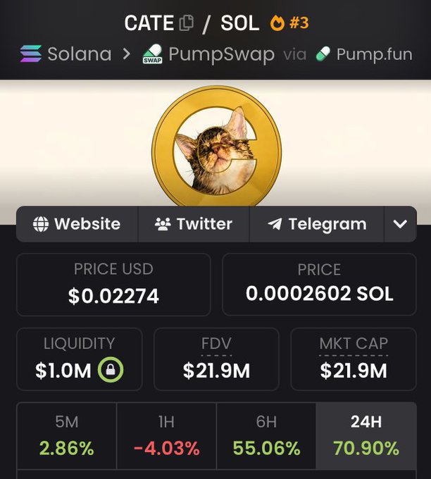 A trading dashboard for the $CATE token on Solana (via PumpSwap/Pump.fun) shows a price of $0.02274 (0.0002602 SOL), a $21.9M market cap, $1.0M locked liquidity, and strong gains of +70.90% over 24 hours—visualizing the momentum referenced in the post about $CATE continuing to hold up.