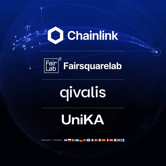 The image displays a blue globe-themed graphic featuring logos for Chainlink, Fairsquarelab, qivalis, and UniKA, with "PROJECT PANGEA" labeled alongside various international flags at the bottom, representing the multinational consortium of 50+ banks launched at Point Zero Forum to redefine global FX markets.