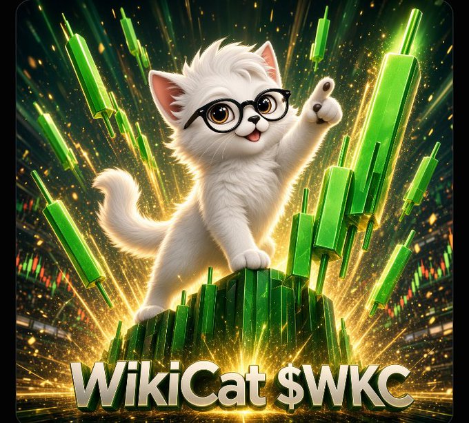 A digital illustration shows a white cat wearing black glasses pointing upward, surrounded by green 3D candlestick chart bars with the text 'WikiCat $WKC' at the bottom.