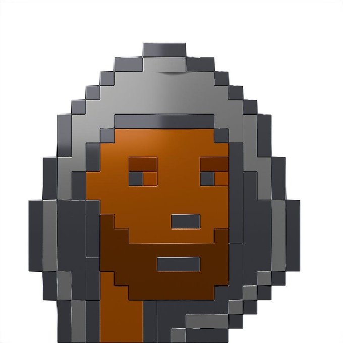 A pixelated, voxel-style 3D rendering of a head with gray hair and a dark complexion against a plain white background.