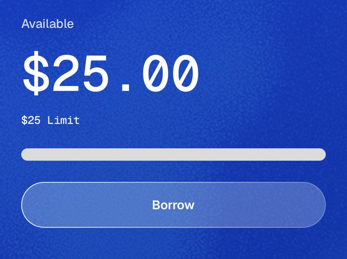 A mobile app screen showing available borrowing funds of $25.00 with a $25 Limit and a "Borrow" button on a blue background.
