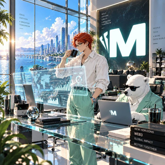 Anime-style illustration of a red-haired man in a green suit drinking from a mug in a futuristic office, accompanied by a white bear wearing sunglasses working on a laptop; text includes 'IDEAS ONCHAIN A BRIGHTER TOMORROW', 'BUILD THE CORE CREATE A BRIGHTER TOMORROW', and an 'M' logo.