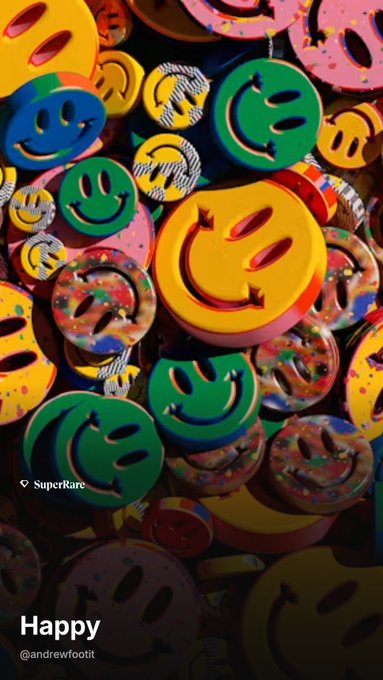 A colorful 3D illustration of many smiley face badges with the text 'Happy' and '@andrewfootit' on a dark background.