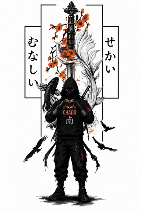 An anime-style illustration of a hooded ninja figure in a black outfit with 'CHADO' and Japanese characters on the chest, standing before a sword adorned with cherry blossoms and a serpent, surrounded by crows and Japanese text panels.