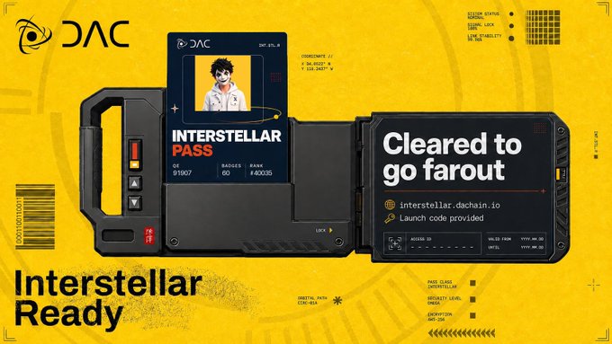 Yellow promotional graphic for DAC's 'Interstellar Pass' NFT, showing a digital ID card with a portrait, coordinates, ID 91907, badges 60, rank 1:40035, and the text 'Cleared to go farout' with link interstellar.dachain.io.