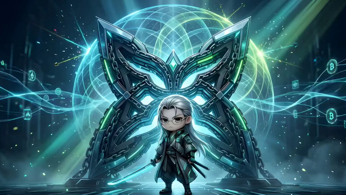 The image features a cartoon character standing next to a large, intricate machine with multiple arms and legs. The character appears to be wearing glasses and holding a sword. The background of the image is dark blue, with a patterned design that resembles a butterfly or a flower. The caption below the image reads "Quantum supremacy is not just a plot of a sci-fi movie; it is a ticking time bomb for our crypto wallets; @quipnetwork truly understands this".