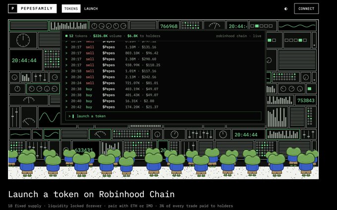 A screenshot from PEPESFAMILY website showing a trading interface for launching a token on Robinhood Chain, with rows of $pepes buy/sell transactions and multiple Pepe the Frog characters at the bottom.
