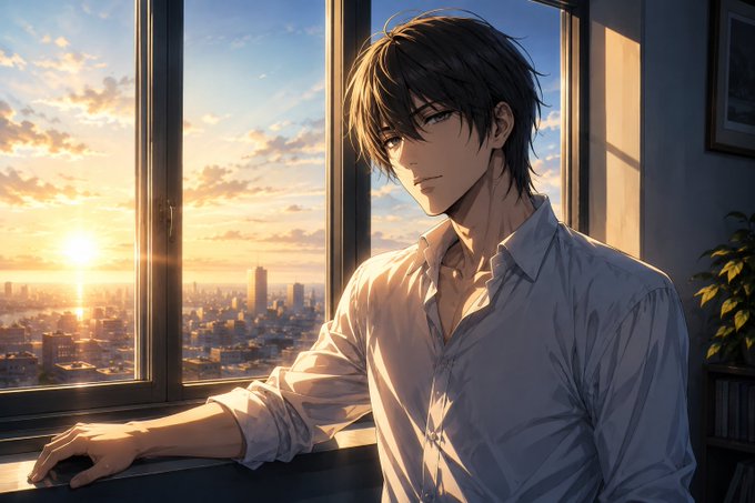 An anime-style illustration of a dark-haired young man in a light blue shirt leaning by a window, looking out at a sunset over a city skyline.