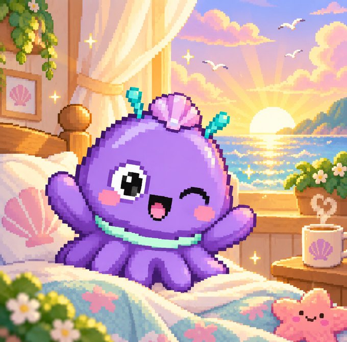 A cute pixel art illustration of a purple octopus character with a shell on its head, winking and waving in a seaside bedroom setting at sunset.