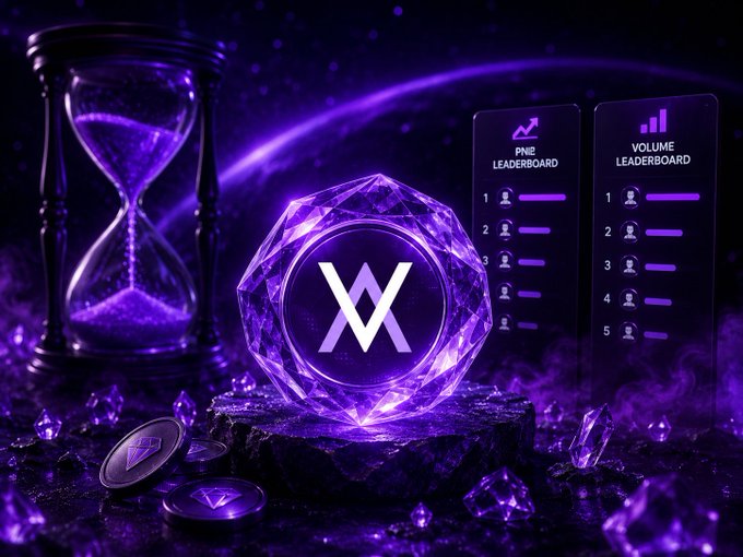 A promotional crypto-themed graphic featuring a glowing purple geometric crystal with the 'W' WaultSwap logo, surrounded by an hourglass, floating coins, and leaderboard panels for PnE and Volume.