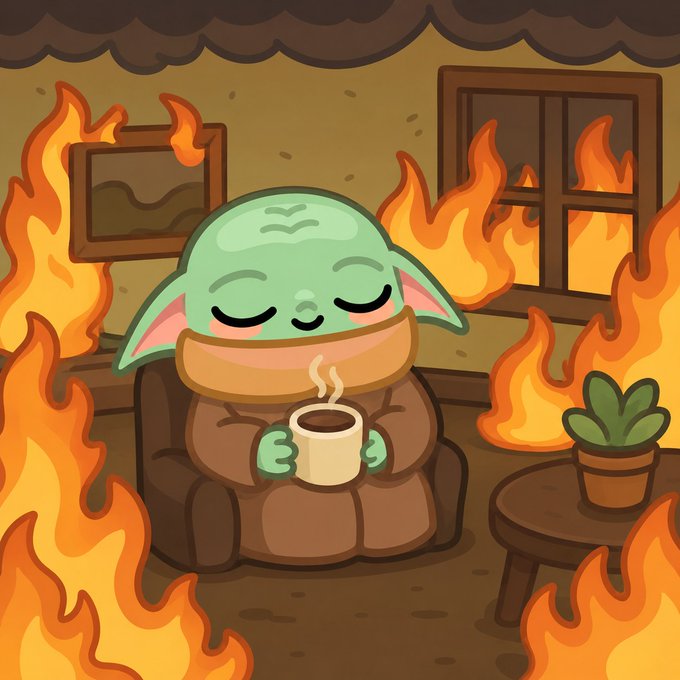 A digital illustration of a cute green character resembling Baby Yoda with closed eyes, wearing a brown robe and holding a steaming cup, sitting peacefully in a chair while surrounded by flames throughout a burning room.