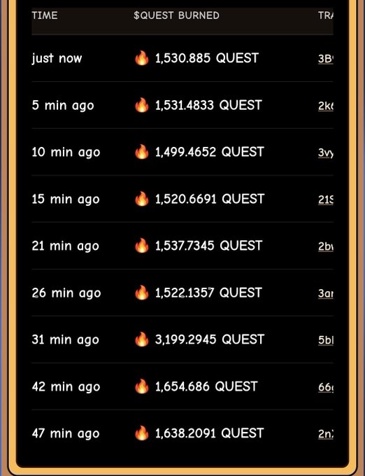The image shows a "QUEST BURNED" tracker listing recent token burn transactions in increments ranging from "just now" to "47 min ago," with amounts between approximately 1,499 and 3,199 QUEST tokens, demonstrating the automated buyback-and-burn mechanism that occurs every 5 minutes ahead of the project's Saturday launch.