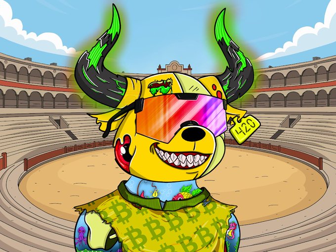 An NFT-style illustration of a yellow cartoon dog wearing green glowing horns, futuristic pink visor sunglasses, and a vest patterned with Bitcoin symbols, set inside a bullfighting arena.