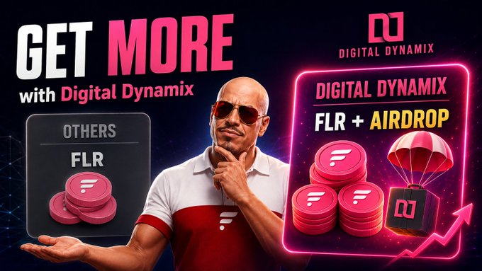A promotional graphic reading "GET MORE with Digital Dynamix" comparing "OTHERS FLR" coins to "DIGITAL DYNAMIX FLR + AIRDROP" with a man wearing sunglasses in the center.