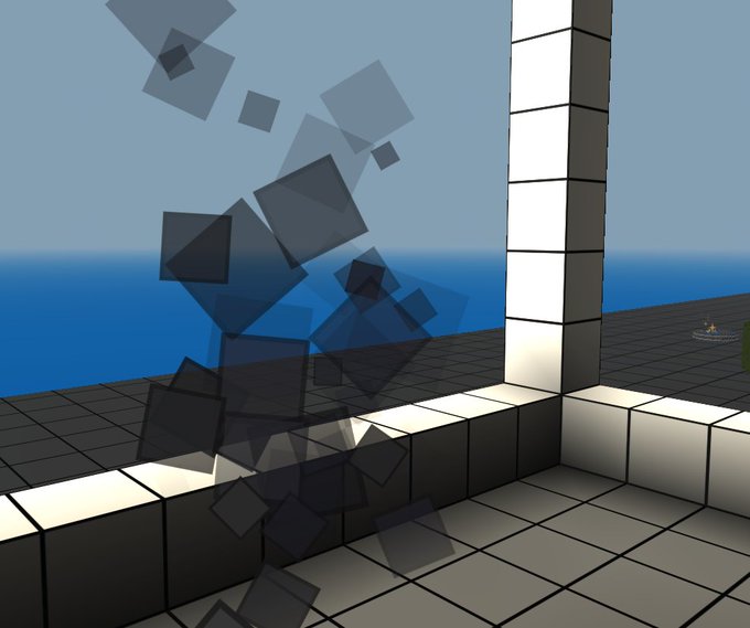 A 3D-rendered scene showing floating translucent dark cubes arranged in a curved pattern above a tiled floor, with a sea and sky background.