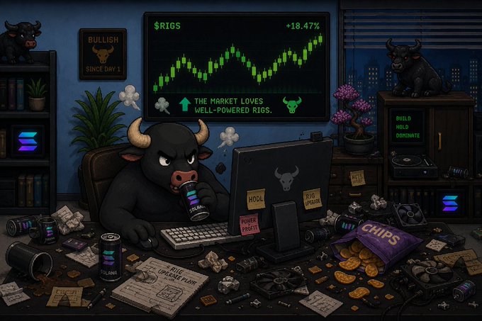 A cartoon illustration of a bull at a computer desk trading, with '$RIGS +18.47%' and 'THE MARKET LOVES WELL-POWERED RIGS' displayed on a green candlestick chart.