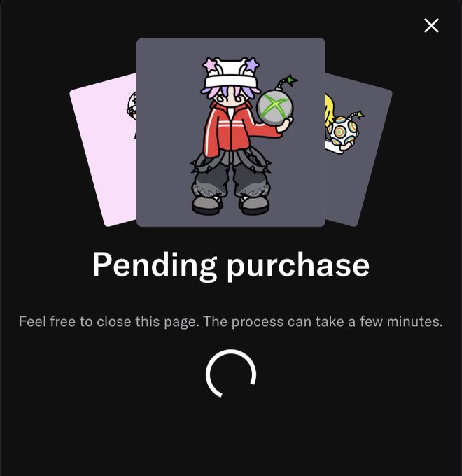 A 'Pending purchase' screen showing three cartoon character NFT cards (one pink, one red/dark with horns holding an X-marked bomb, one yellow) with a loading spinner and text stating 'Feel free to close this page. The process can take a few minutes.'