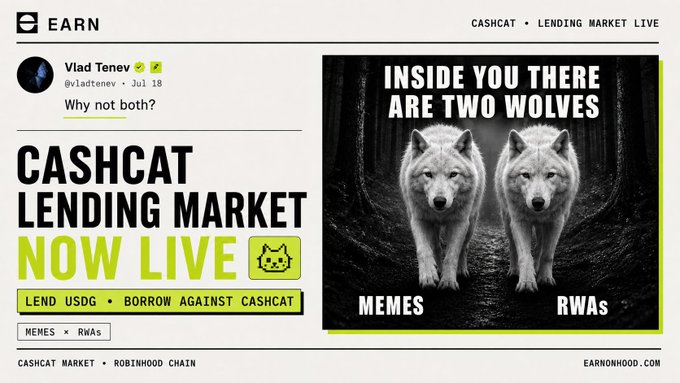 Promotional graphic from Earn.com announcing 'CASHCAT LENDING MARKET NOW LIVE' by Vlad Tenev (@vladtenev), with a meme showing two wolves labeled 'MEMES' and 'RWAs'.