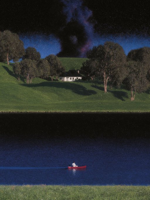 A nighttime scene shows a person in a small red boat on a dark lake, with a green hillside, trees, and a white house visible in the background under a starry sky.