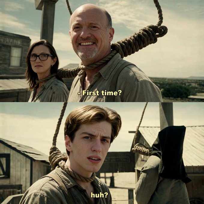 The image shows a man with a noose around his neck smiling and asking "First time?" to a young man who is also in a noose and confused, responding "huh?" — capturing the darkly comedic moment of introducing the awkward Leopold to Jim on the gallows.