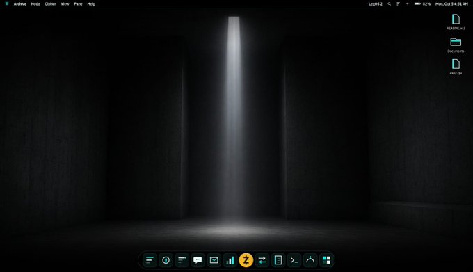A dark Linux desktop screen featuring a spotlight illuminating a central area, with an Arch-based system tray visible (time Mon Oct 5 4:33 AM, locale en_US.UTF-8), a yellow Bitcoin icon, and desktop files on the right.