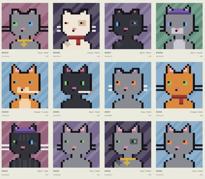 A pixel art collection titled "Rare Friends Genesis" displays various cats with different traits like Gray/Solid, Cream/Patch, Black/Tiger, and Orange/Solid.