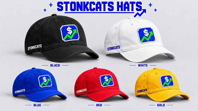 Product display of 'STONKCATS HATS' baseball caps available in five colors (black, white, blue, red, gold), each featuring a dollar sign with rising green arrow logo.