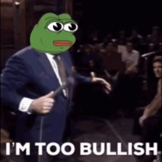 The image features a cartoon frog wearing a suit, standing next to a microphone with the caption "I'm too bullish". The frog appears to be speaking into the microphone, giving an impression of being a speaker or commentator. The text in the image is related to a cryptocurrency project called PumpFun and it seems that the frog is expressing his opinion about the project's early stage.