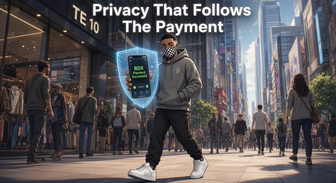 A digital illustration titled 'Privacy That Follows The Payment' showing a masked figure in a city street holding a phone labeled 'BDX Payment Secured' surrounded by a blue shield hologram.