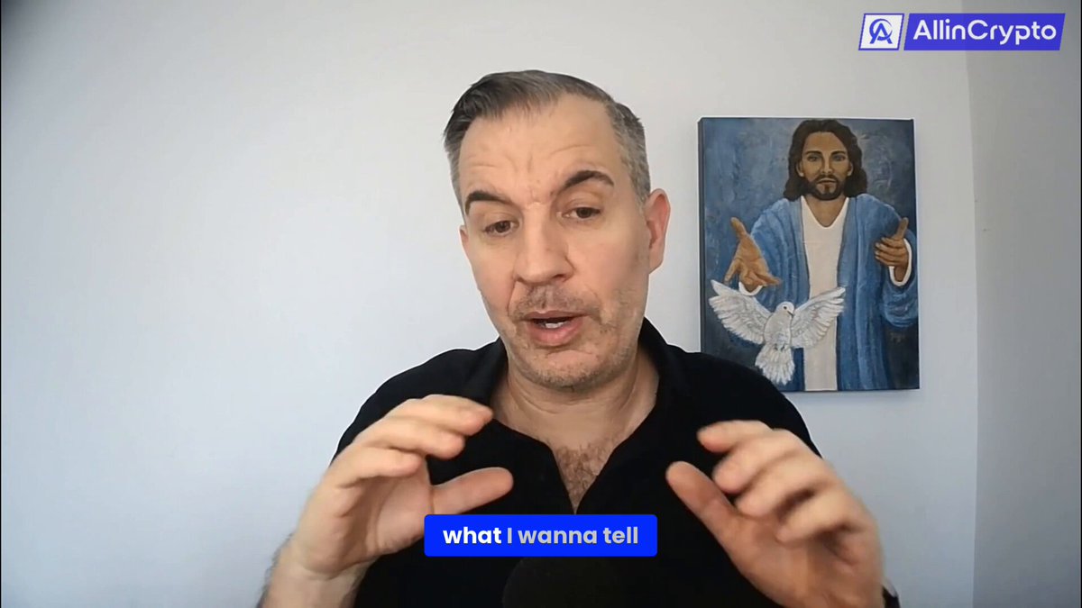 The image shows a man wearing a black shirt, sitting at a desk with his hands on his lap while talking into a microphone. The background features a painting of Jesus Christ above him. The caption below the image reads "What happens when the sandbox phase ends? @APEXCONSULTNFA explains why CBDCs, stablecoins and tokenized deposits moving from testing to live environments could create real demand for QNT licenses".