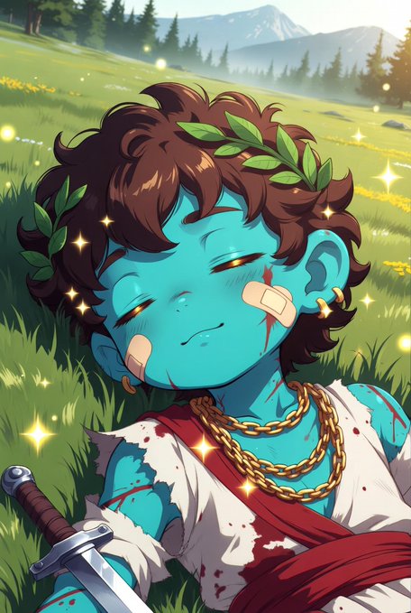 An anime-style illustration of a blue-skinned character with brown hair and a laurel wreath, wearing gold chains and a tattered white tunic with bloodstains, lying peacefully in a sunlit grassy field beside a sword.