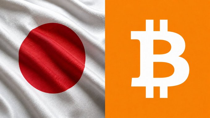 An image split into two halves: the Japanese flag on the left and the Bitcoin (₿) symbol on an orange background on the right.